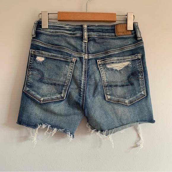 AEO Next Level Stretch Hi-rise Shortie Distressed Fray Denim Shorts - Picture 3 of 13